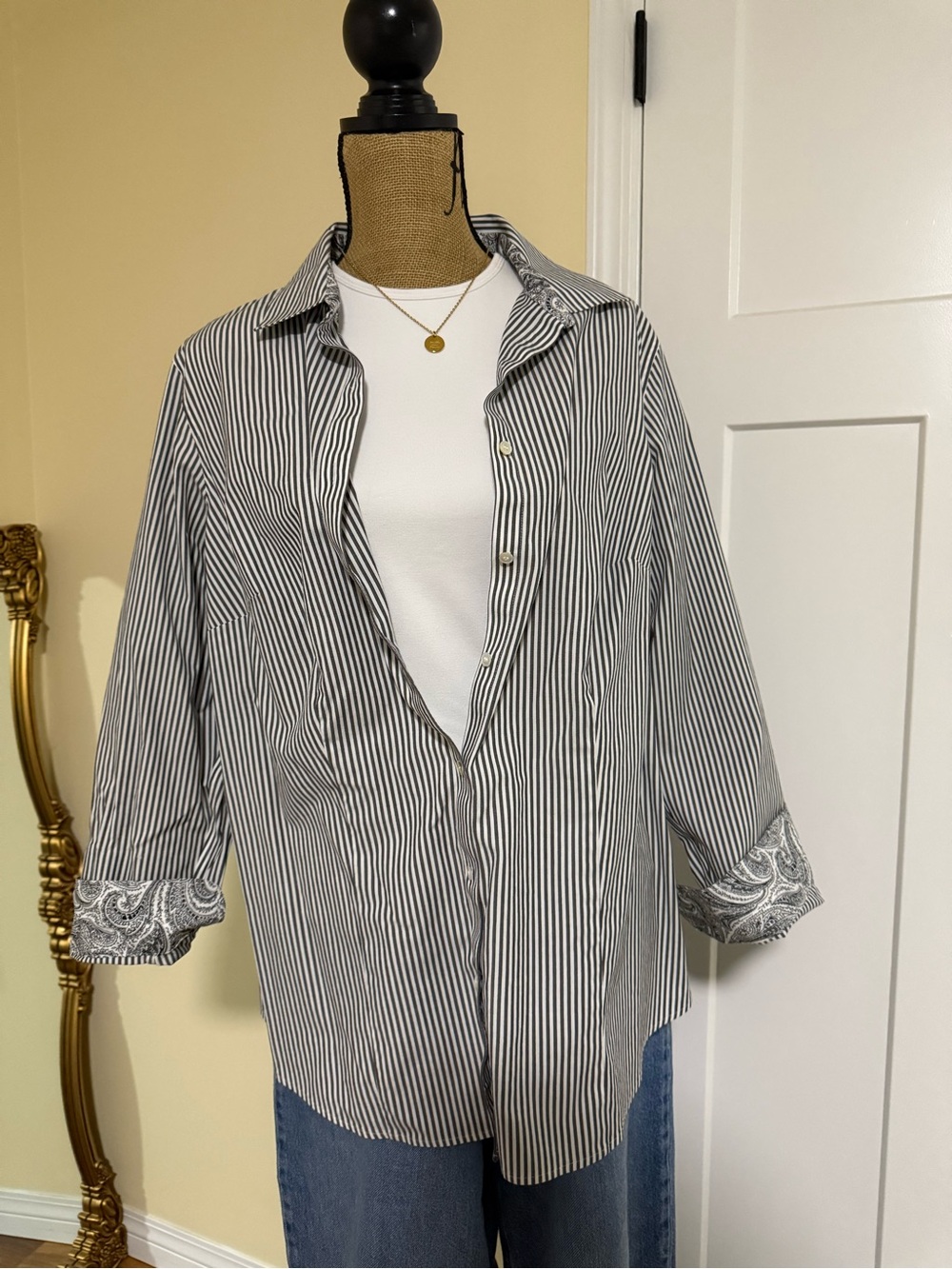 Talbots Black and White Striped Button-Down Shirt